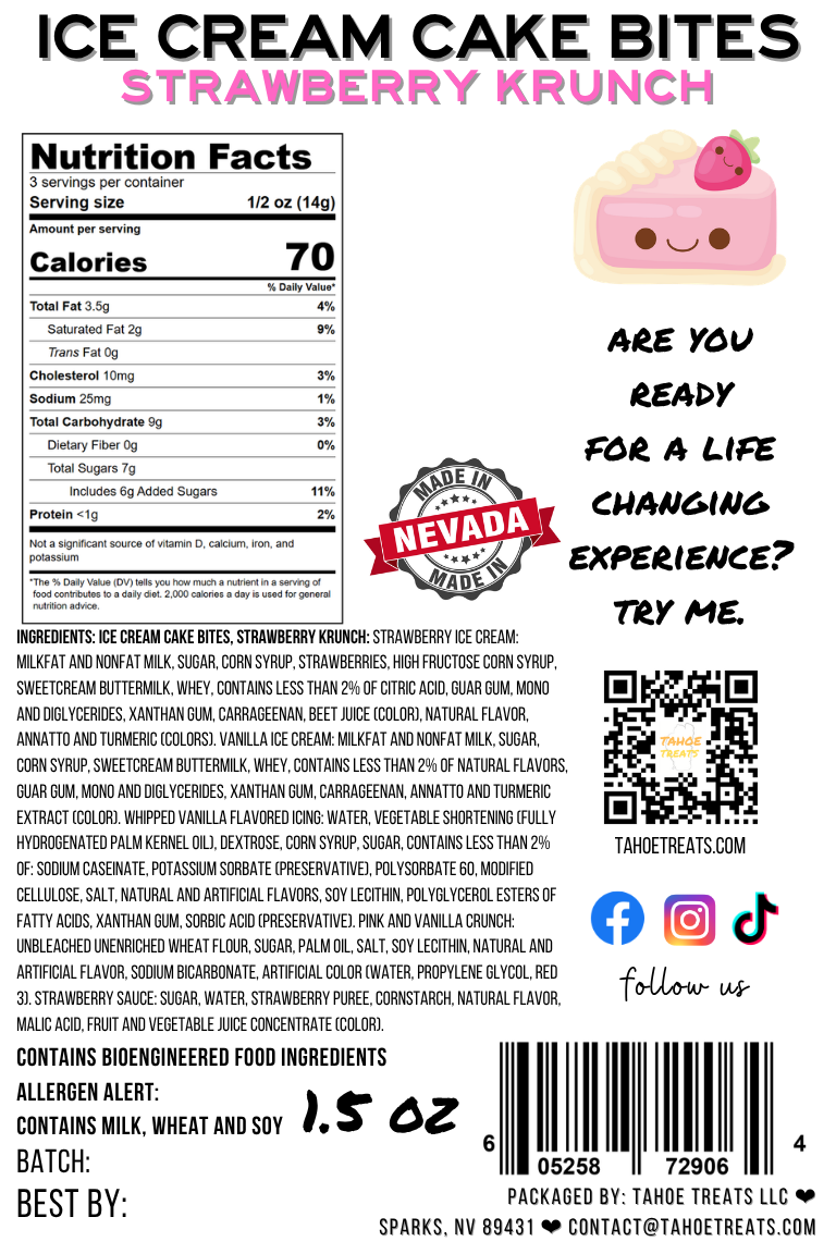 Nutrition facts for ICE CREAM CAKE BITES - Strawberry Krunch