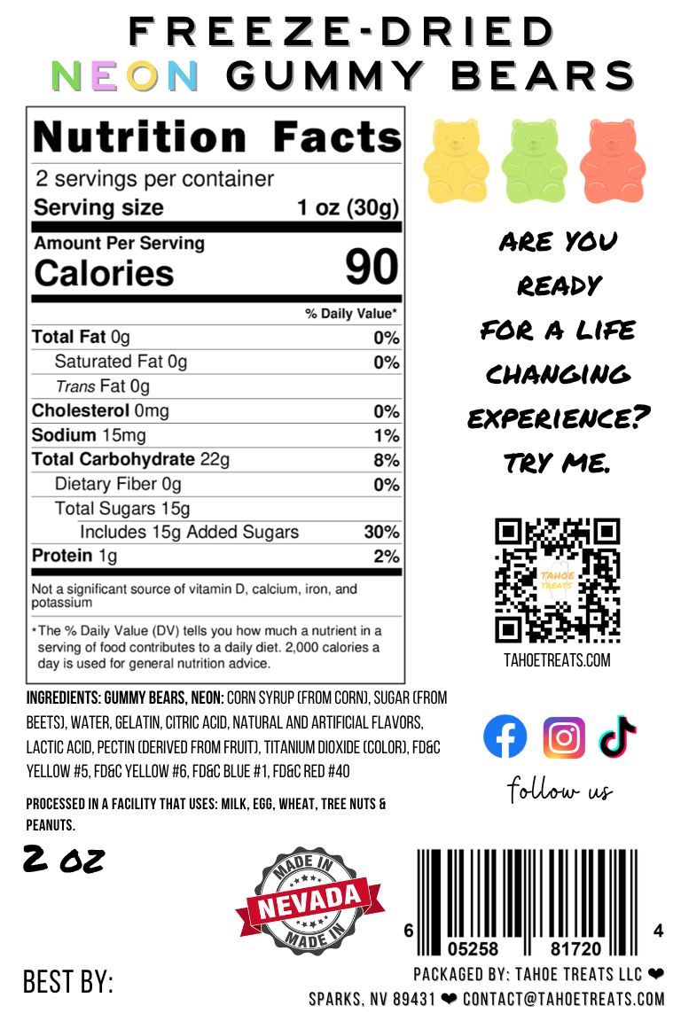 Nutrition facts for GUMMY BEARS - Neon 2 oz