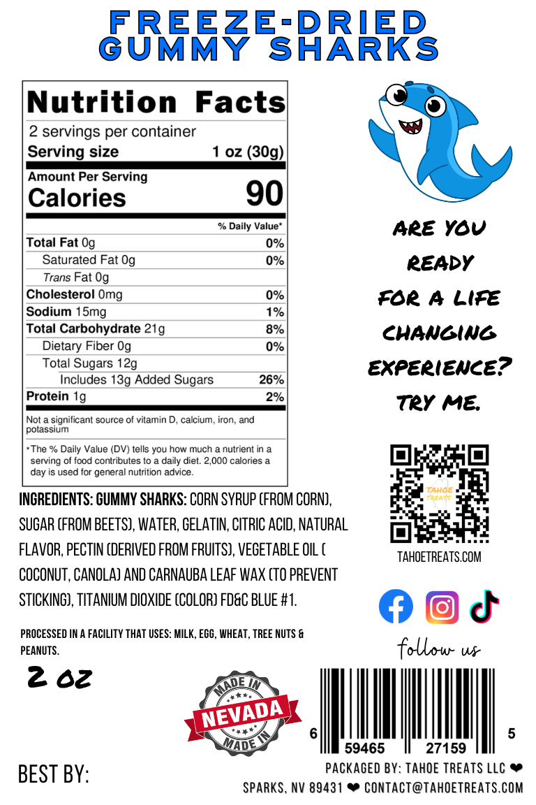 Nutrition facts for GUMMY SHARKS - 2 oz
