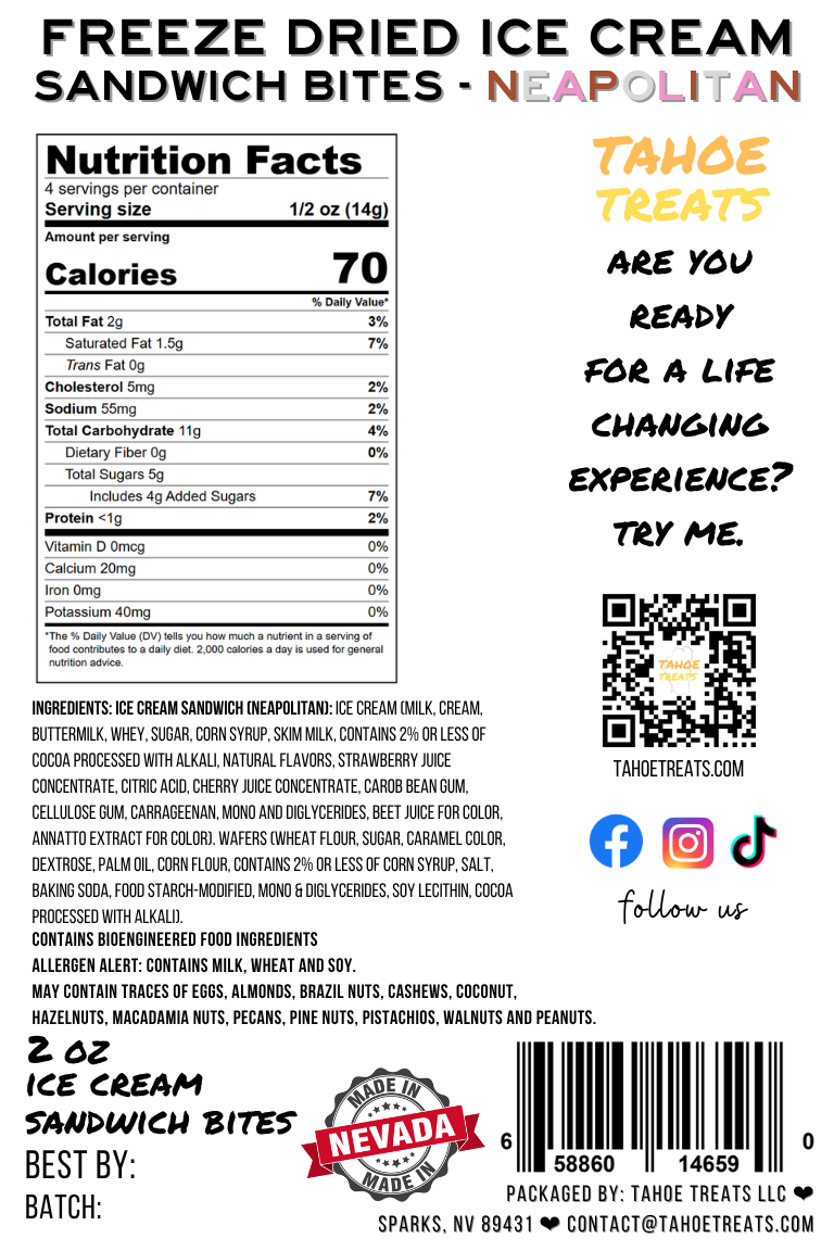 Nutrition facts for ICE CREAM SANDWICH BITES - Neapolitan
