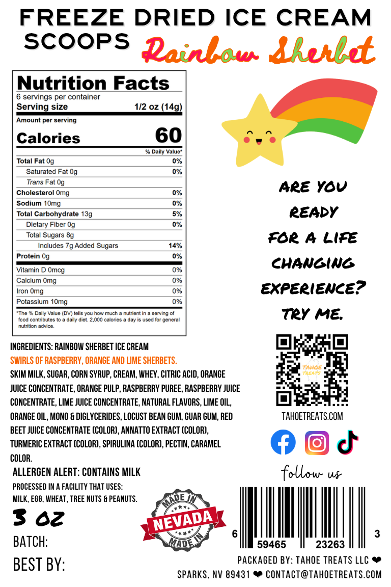 Nutrition facts for ICE CREAM SCOOPS - Rainbow Sherbet