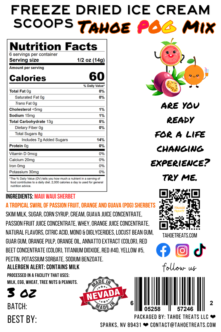 Nutrition facts for ICE CREAM SCOOPS - Tahoe Mix POG Sherbet