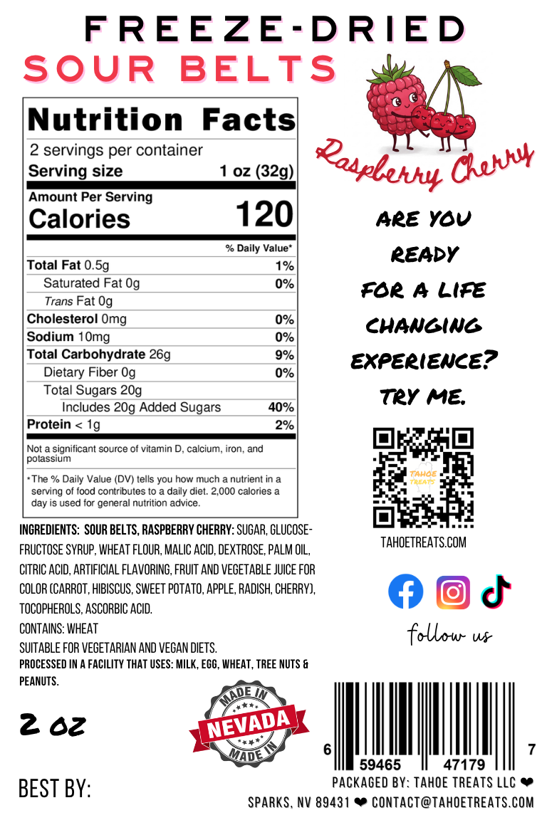 Nutrition facts for SOUR BELTS - Raspberry Cherry