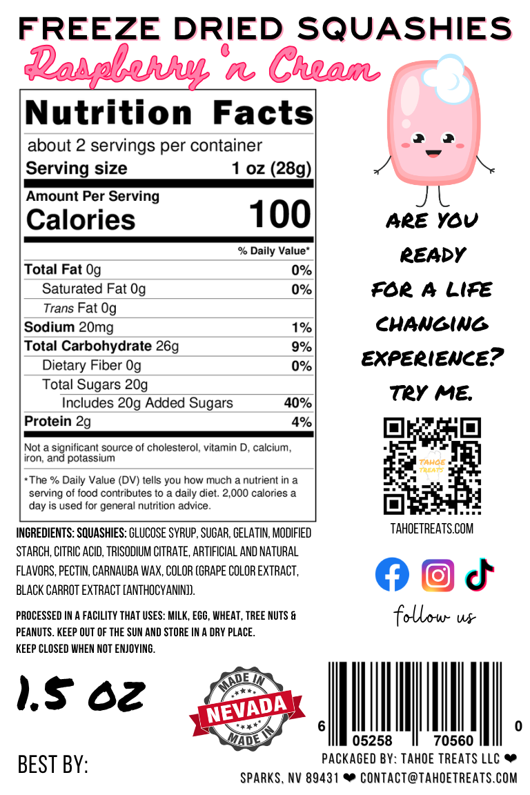 Nutrition facts for SQUISHIES - Raspberry 'N Cream 1.5 oz
