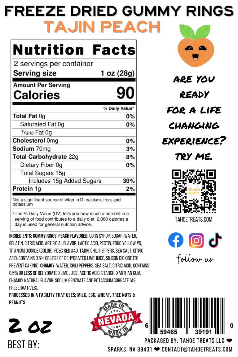 Nutrition facts for GUMMY RINGS - Peach with Chili Lime + Chamoy