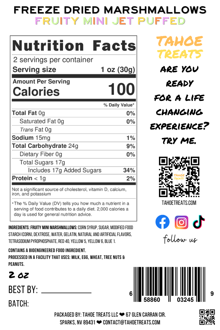 Nutrition facts for MARSHMALLOWS - Mini Fruity