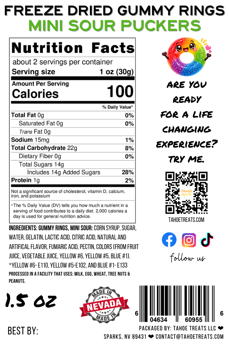 Nutrition facts for GUMMY RINGS - Mini Sour Pucker Rings 1.5 oz