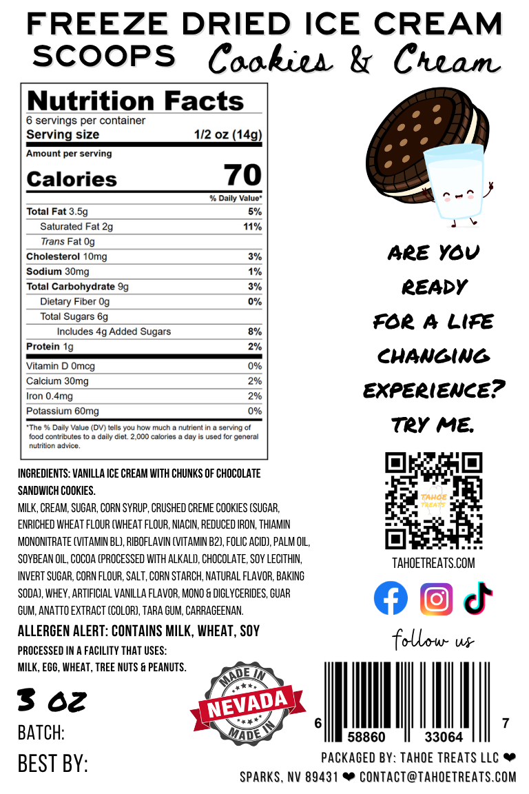 Nutrition facts for ICE CREAM SCOOPS - Cookies N Cream