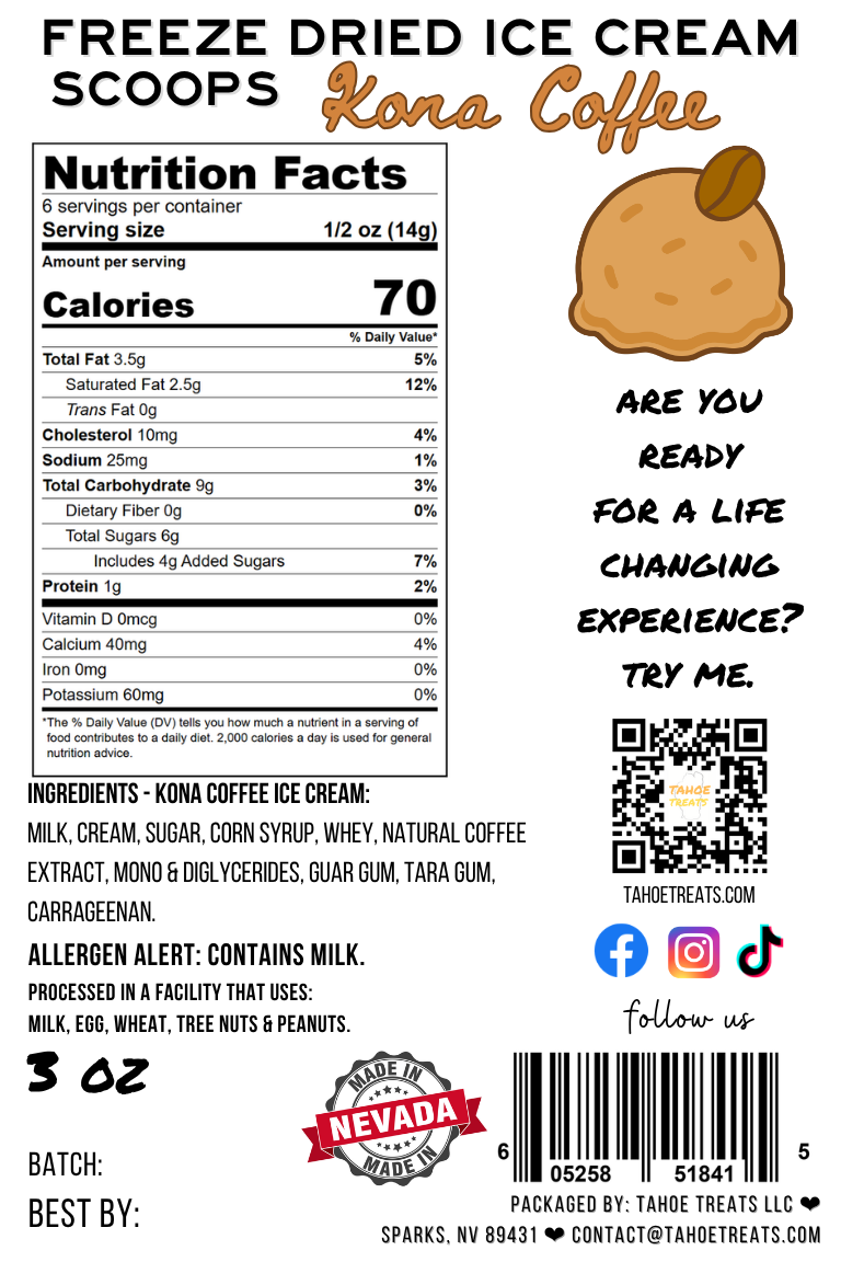 Nutrition facts for ICE CREAM SCOOPS - Kona Coffee