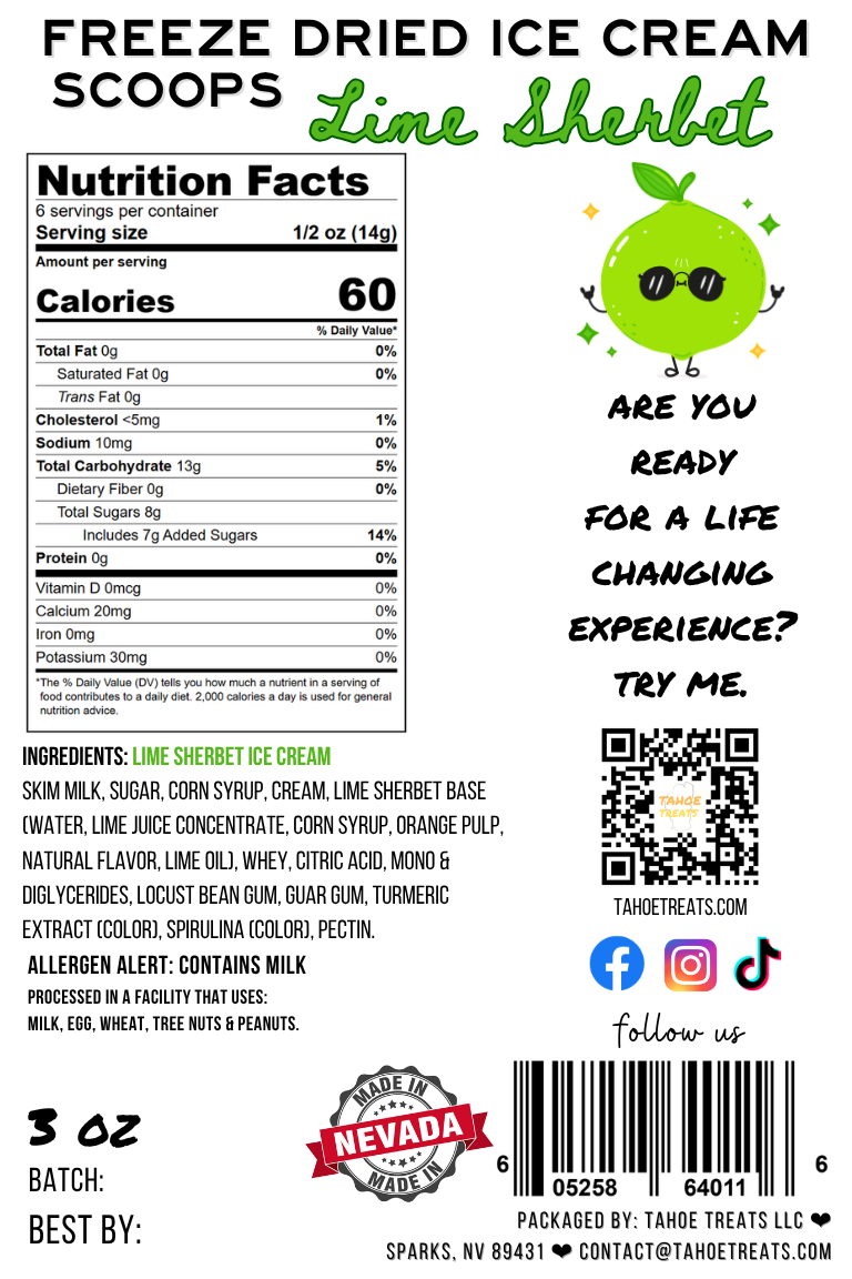 Nutrition facts for ICE CREAM SCOOPS - Lime Sherbet