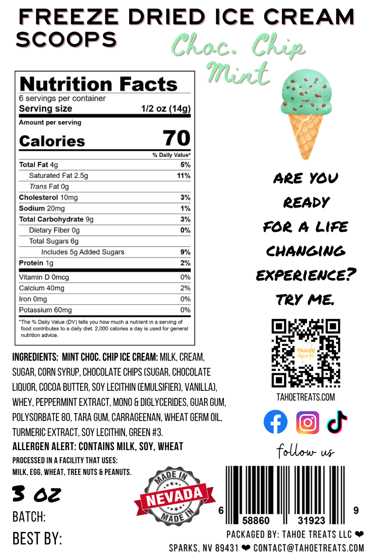 Nutrition facts for ICE CREAM SCOOPS - Mint Chip